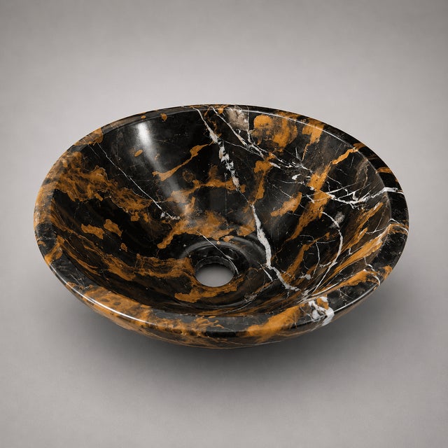 Luxury Black & Gold Marble Vessel Sink – Natural Stone Bathroom Basin - 16" X 16" X 6" - By Zarva Stone For Sale - Image 11 of 11