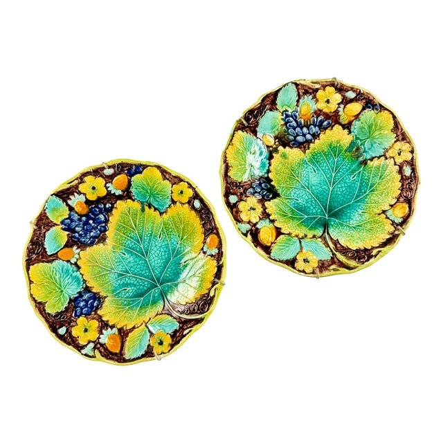 Samuel Alcock Strawberry & Grape Leaf Majolica Plates, Set of Two For Sale