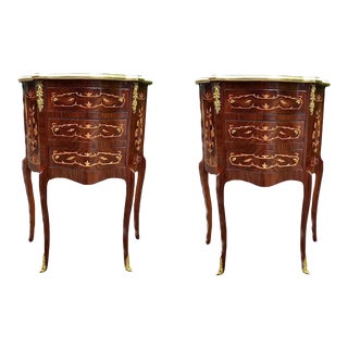 Late 20th Century French Louis XVI Mahogany Nightstands With Bronze and Inlay Wood - a Pair For Sale