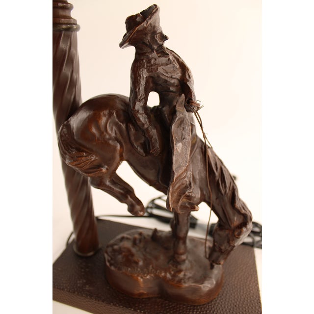 Remington Bronze "The Outlaw" Table Lamp W/ Stained Glass Shade in Mission Style For Sale - Image 12 of 13