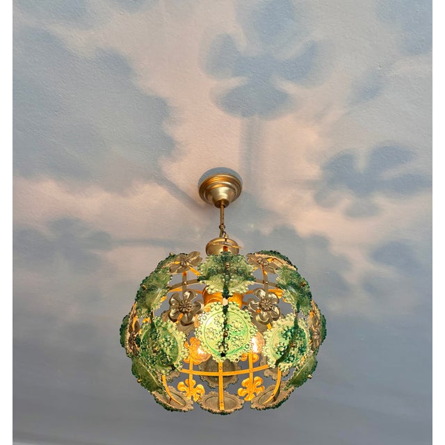 1970s Mid-Century Modern Style Teal Turquoise Hand-Painted Glass and Gold Floral Chandelier⁠ For Sale - Image 9 of 17