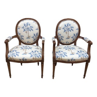 Pair of Antique Louis XVI Style Fauteuils Carved Walnut Arm Chairs Blue Monkey Palm Toile For Sale