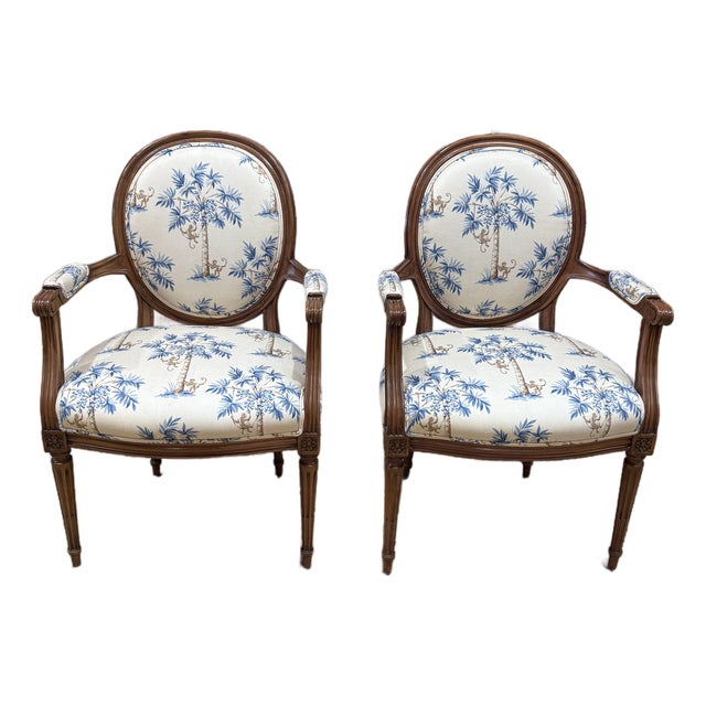 Pair of Antique Louis XVI Style Fauteuils Carved Walnut Arm Chairs Blue Monkey Palm Toile For Sale