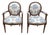 Pair of Antique Louis XVI Style Fauteuils Carved Walnut Arm Chairs Blue Monkey Palm Toile For Sale