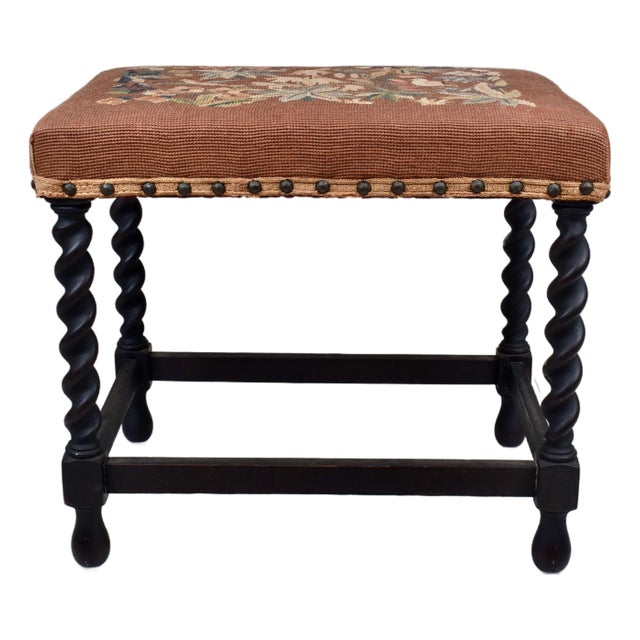 Antique English Barley Twist Bench Stool in Oak With Tapestry For Sale