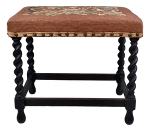Antique English Barley Twist Bench Stool in Oak With Tapestry