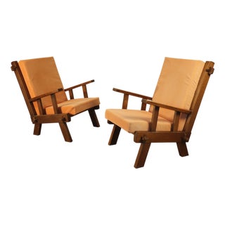 Brutalist Armchairs in Oak and Velvet, 1960s-1970s, Set of 2 For Sale