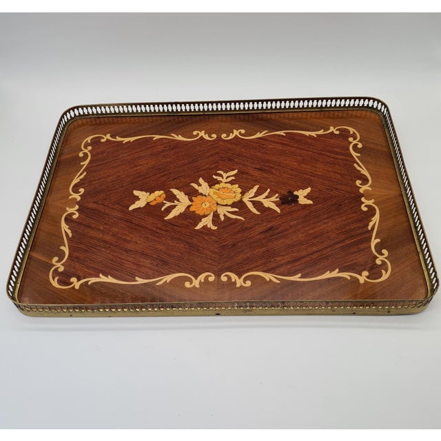 Large Neoclassical Hollywood Regency Inlaid Wooden Tray with Brass Gallery, 1960s-1970s For Sale - Image 10 of 12