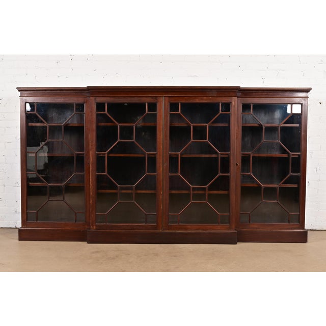 Antique Georgian Carved Mahogany Breakfront Bookcase Cabinet, Circa 1900 For Sale - Image 10 of 10