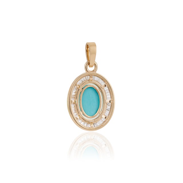 Art Deco 1.43ct Turquoise & Baguette Diamond Halo Pendant in 14k Gold For Sale - Image 9 of 14