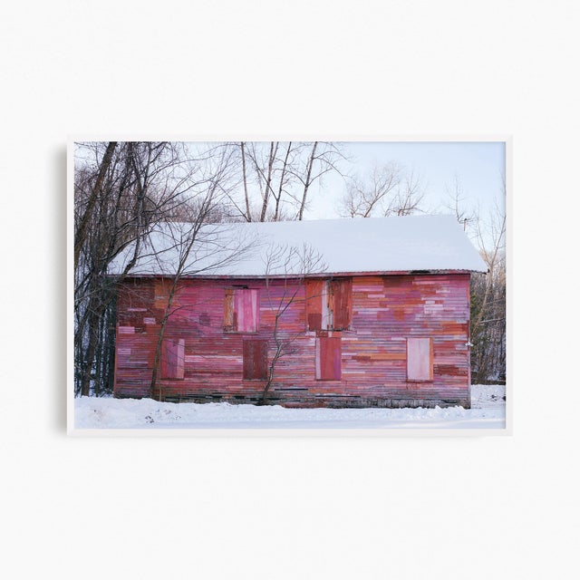 This contemporary photograph from rural Massachusetts features soft pink and red tones amid a winter landscape. With an...