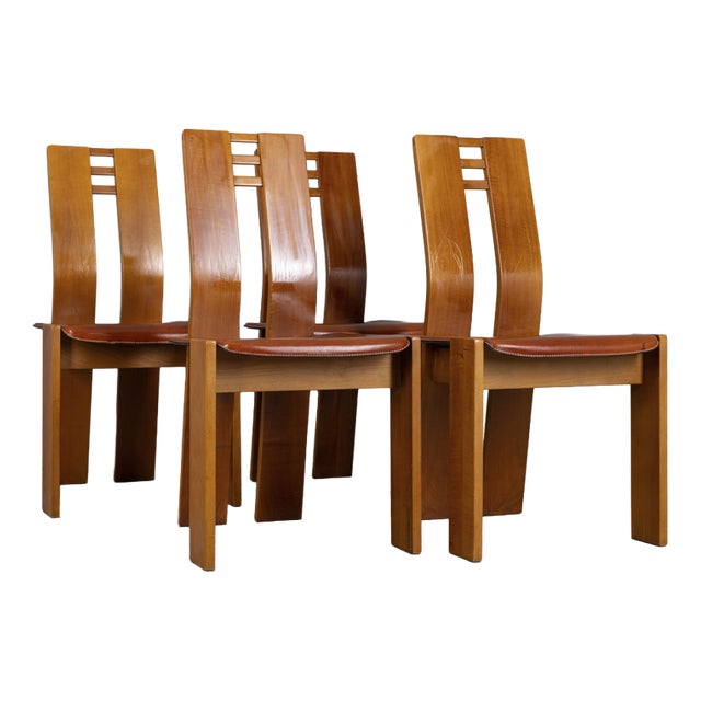 Vintage Italian Wood and Leather Chairs, 1950s, Set of 4 For Sale