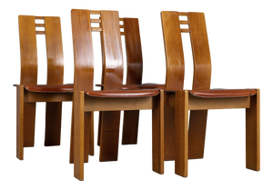 Vintage Italian Wood and Leather Chairs, 1950s, Set of 4