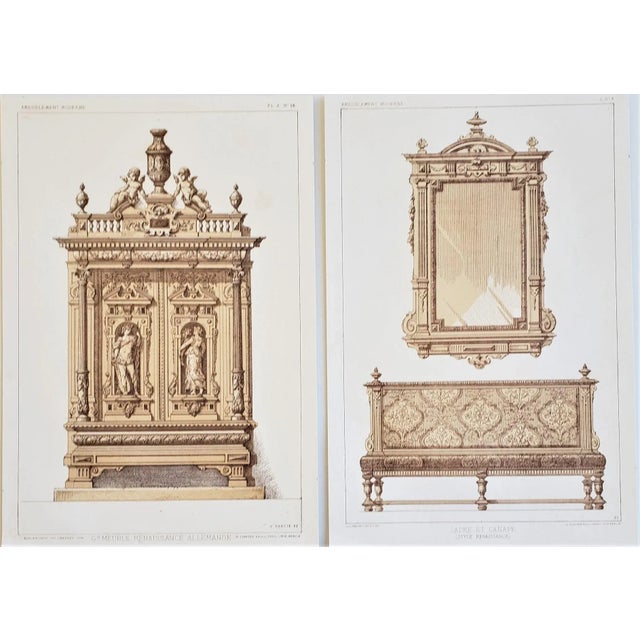 Pair-1878 French Lithographs-Renaissance Furnishings For Sale - Image 4 of 4