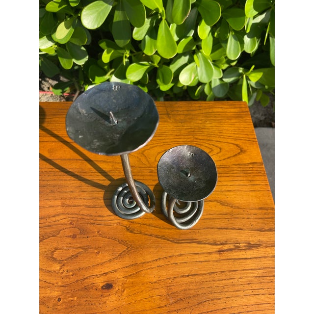 Vintage Hand Forged Brutalist Wrought Iron Spiral Candlesticks, Stamped Jb - Pair For Sale - Image 12 of 12