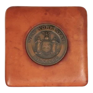 New York State Desk Organizer Paperweight Leather With Bronze Medallion C. 1930/40's