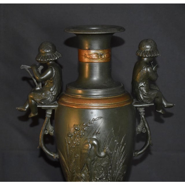 Vintage Mixed Metal Vase French Style Urn With Figural Cherubs and Cranes For Sale - Image 12 of 17