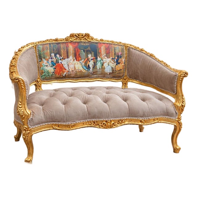 1975 French Artisan Louis XVI Gold Velvet Settee For Sale