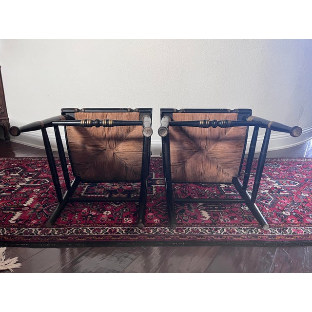 Set of 2 - Vintage Hitchcock Style Stenciled, Black and Gold Painted Chairs, Rush Seats For Sale - Image 12 of 12
