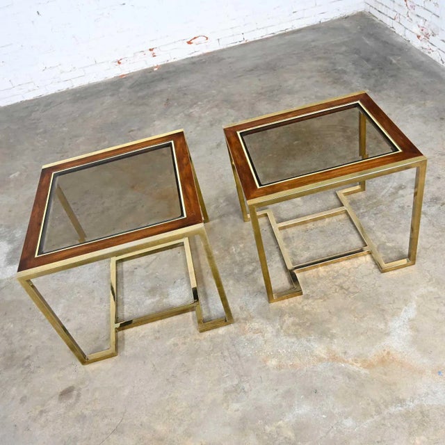 Modern End Tables 2 Sizes Brass Plated Dark Wood & Smoked Glass Rectangles by Thomasville Furniture Style of Milo Baughman, a Pair For Sale - Image 6 of 17