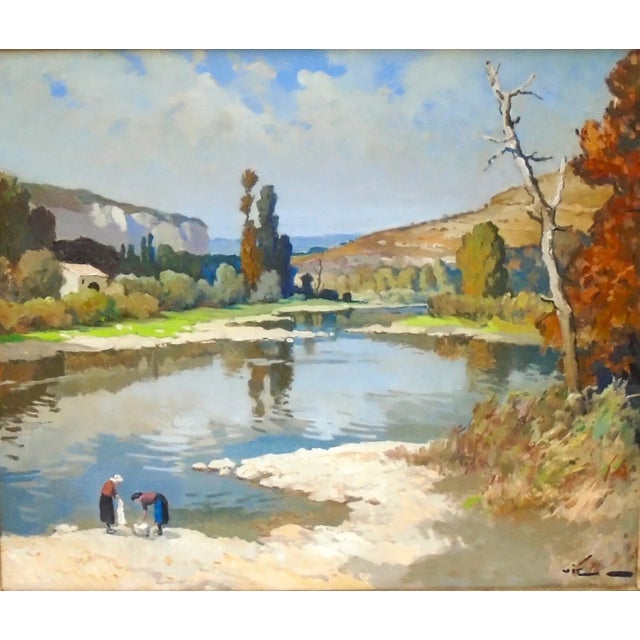 A original oil painting on canvas by Gabriel Vie, French artist 1888-1973, "L' Aveyron a St. Antonin", scene of two women...