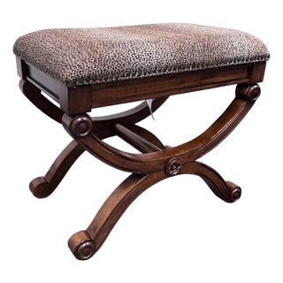 X-Frame English Regency Leopard Upholstered Ottoman For Sale