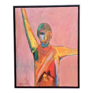 “The Red Card” Figurative Impressionist Abstract Oil Painting by Joao De Brito, Framed