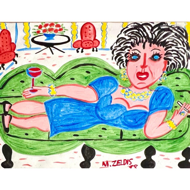 Malcah Zeldis, Malcah Zeldis Folk Art Gouache Painting Wine & Cigarettes Woman Outsider Artist, 1988 For Sale