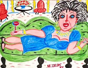 Malcah Zeldis, Malcah Zeldis Folk Art Gouache Painting Wine & Cigarettes Woman Outsider Artist, 1988