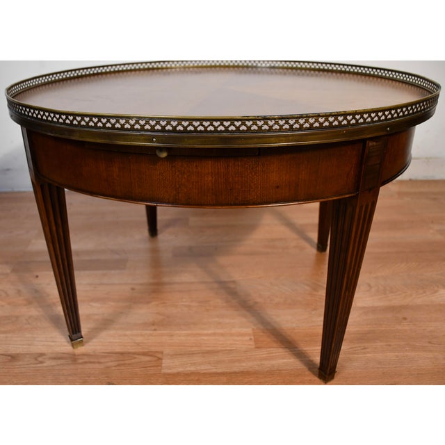 1930s French Louis XVI Style Walnut Coffee Accent Table Brass Gallery Railing For Sale - Image 6 of 14