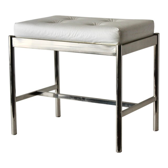 1970s George Koch & Sons Chrome Rectangular Padded Tufted Ivory Vinyl Seat Vanity Stool For Sale