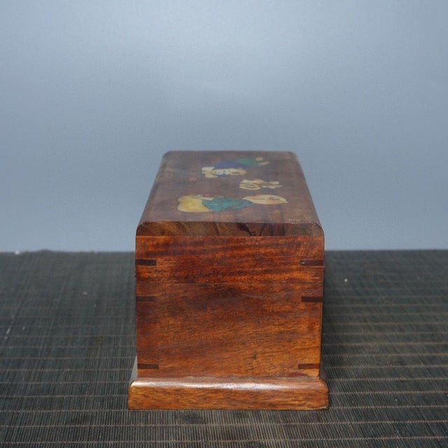1980s Hardwood Jewelry Casket, Mother‑of‑Pearl Inlaid Fortune Character & Children Motif Storage Box With Lock Hardware For Sale In Los Angeles - Image 6 of 8
