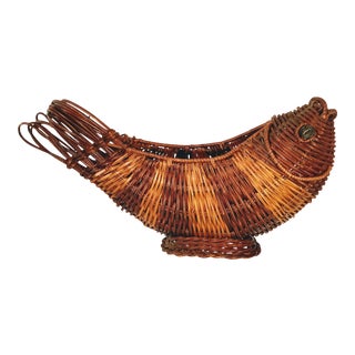 Vintage Mid-Century Figural Wicker Fish Basket For Sale