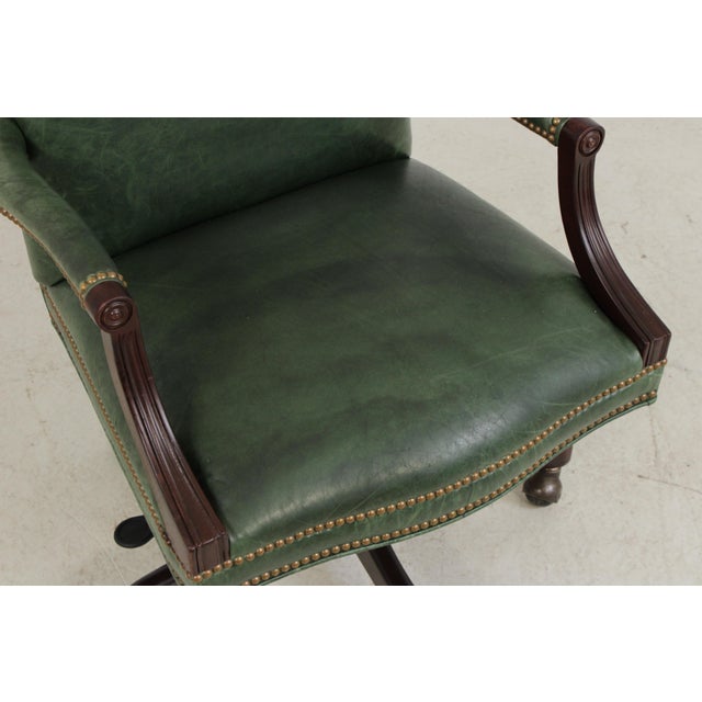 Vintage Green Leather Mahogany Swivel Desk Chair For Sale - Image 9 of 13