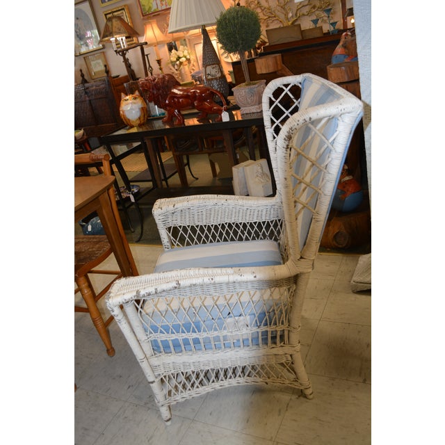 Vintage White Wicker Wing Back Arm Chair W/ Blue Cushions & Coil Sprung Seat For Sale - Image 10 of 18