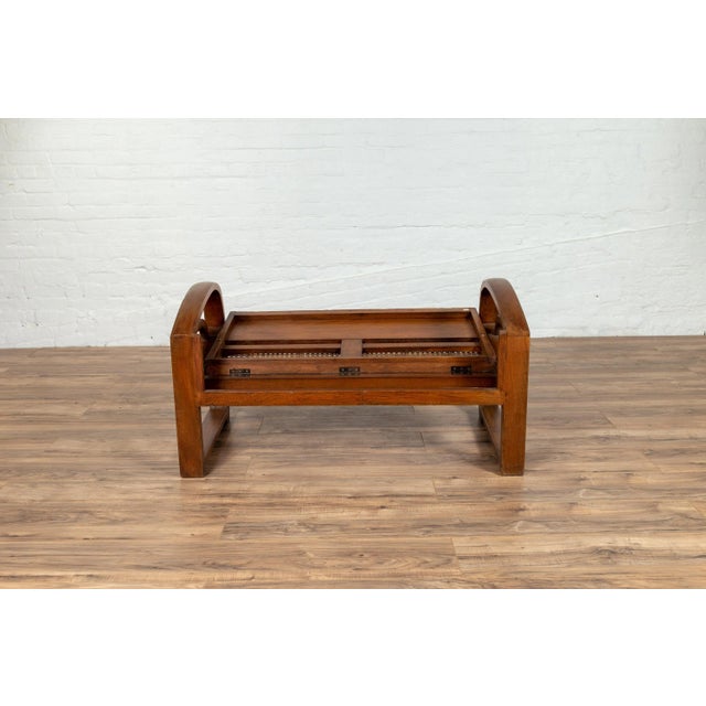 Teak Wood Settee from Madura with Folding Back, Looping Arms and Cane Seat For Sale In New York - Image 6 of 13