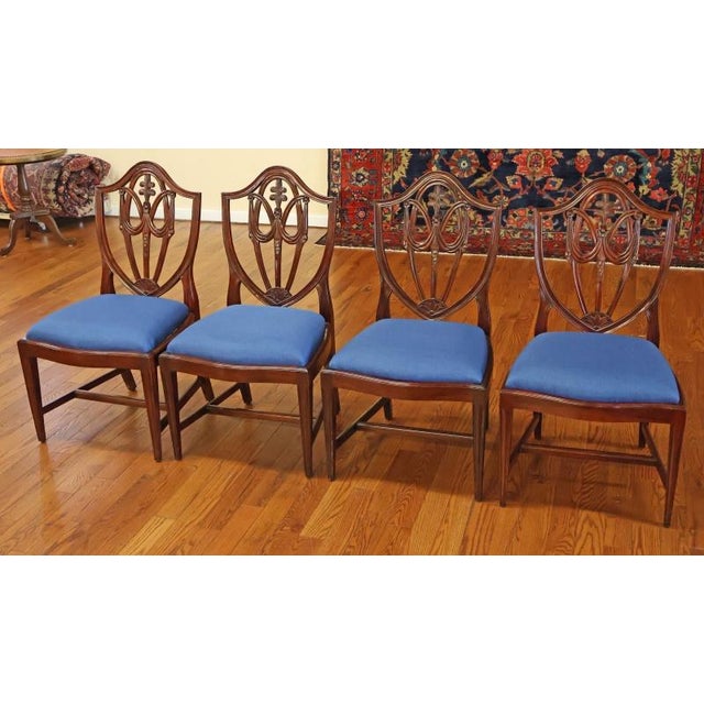 Wood 1990s Set of 8 Regency Style Solid Mahogany Fleur-De-Lis Blue Fabric Dining Chairs For Sale - Image 7 of 18