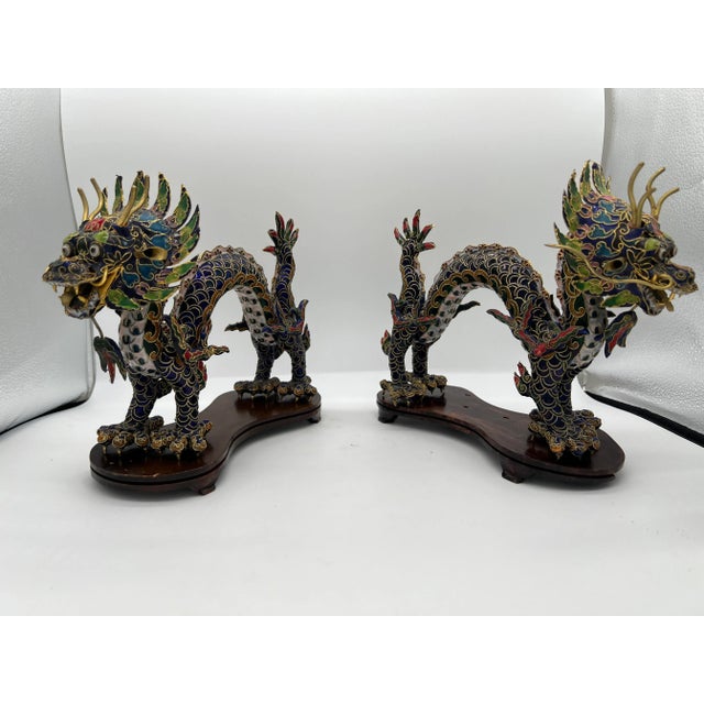 Pair, Chinese Export Cloisonne Enameled Dragon Figurines on Stands For Sale - Image 4 of 8