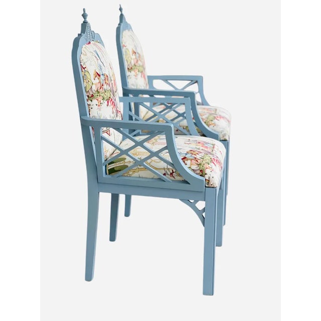 1980s Pair Newly Upholstered Blue Chinese Chippendale Chairs in Schumacher Tientsin Toile For Sale - Image 9 of 17
