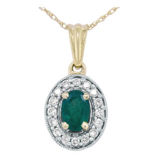 14K Yellow Gold 6x4mm Emerald and 1/5 Cttw Round Diamond Halo Pendant 18" Necklace For Sale
