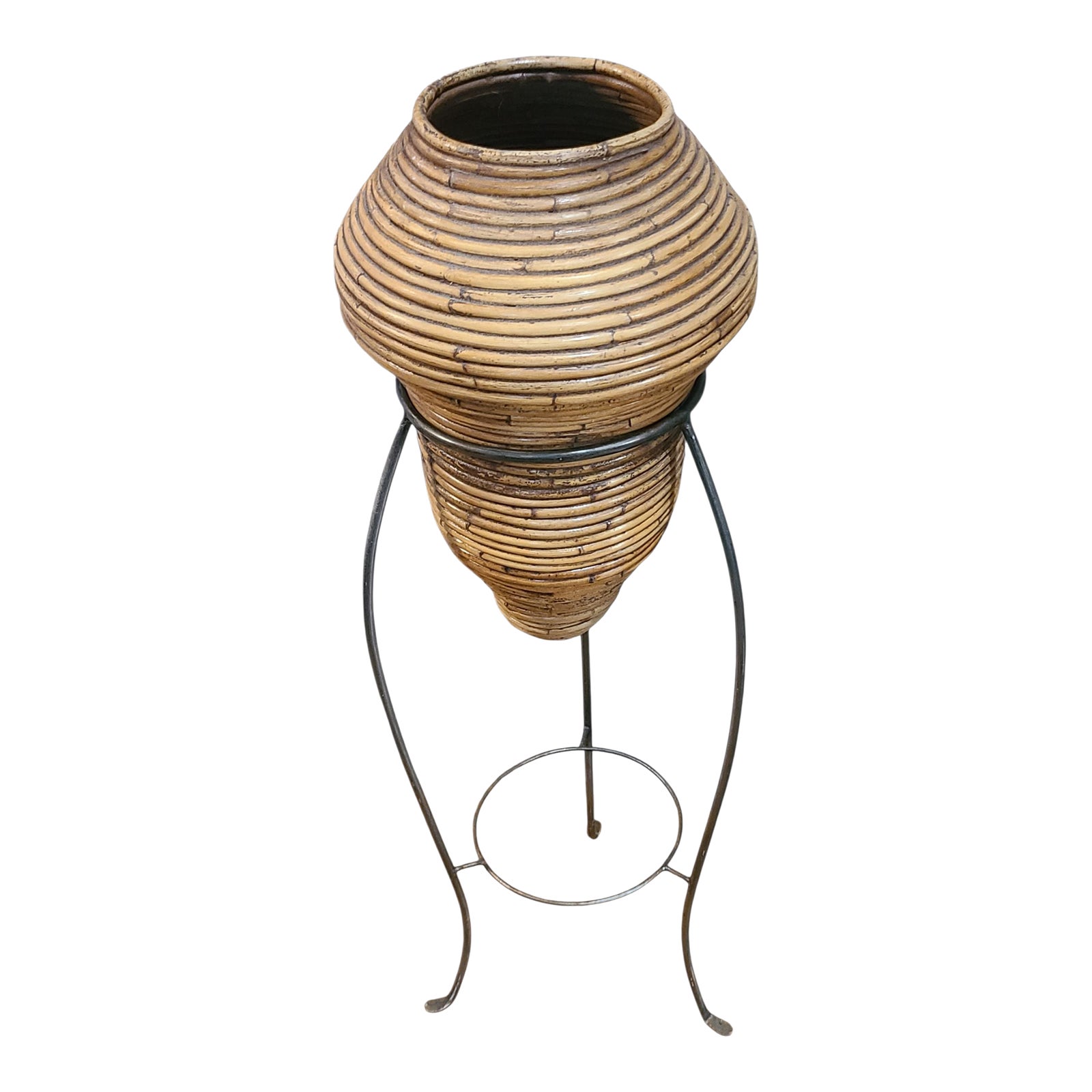 Vintage Pencil Reed Bamboo Italian Crespi Style Vase on Wrought Iron ...
