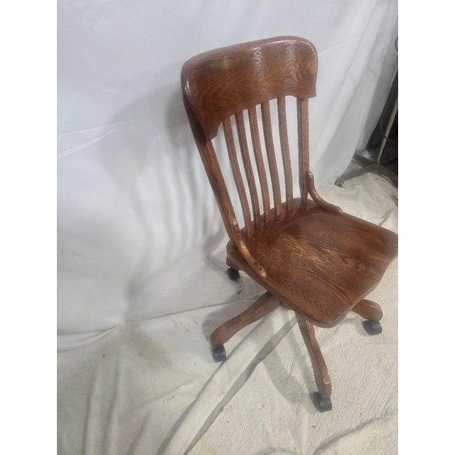 Vintage Solid Oak Swivel Banker's Chair With Casters For Sale - Image 4 of 5