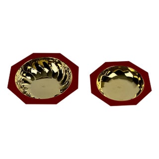 Pair of Vintage Italian 24k Plated Metal Dishes With Firetruck Red Enamel Borders in an Octagonal Design For Sale
