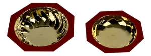 Pair of Vintage Italian 24k Plated Metal Dishes With Firetruck Red Enamel Borders in an Octagonal Design