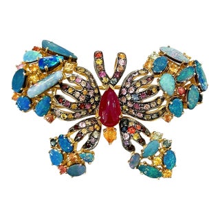 Bochic “Orient” Opal, Multi Sapphires & Ruby Brooch Set in 18k Gold & Silver For Sale