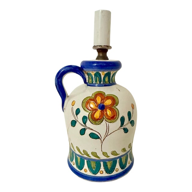Petite Italian Sgraffito Flower Jug Pottery Accent Table Lamp For Sale