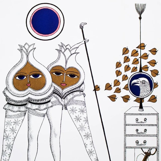 Rare amazing original period gold leaf offset lithograph print Composition No. 3 by Swedish surrealist artist Max Walter...