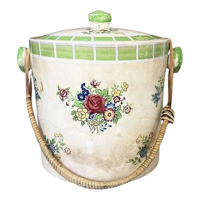 Early 20th Century Green Floral Ceramic Ice Bucket or Vase With Lid and Rattan Handle - Japan For Sale