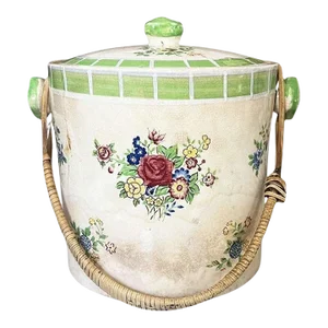 Early 20th Century Green Floral Ceramic Ice Bucket or Vase With Lid and Rattan Handle - Japan
