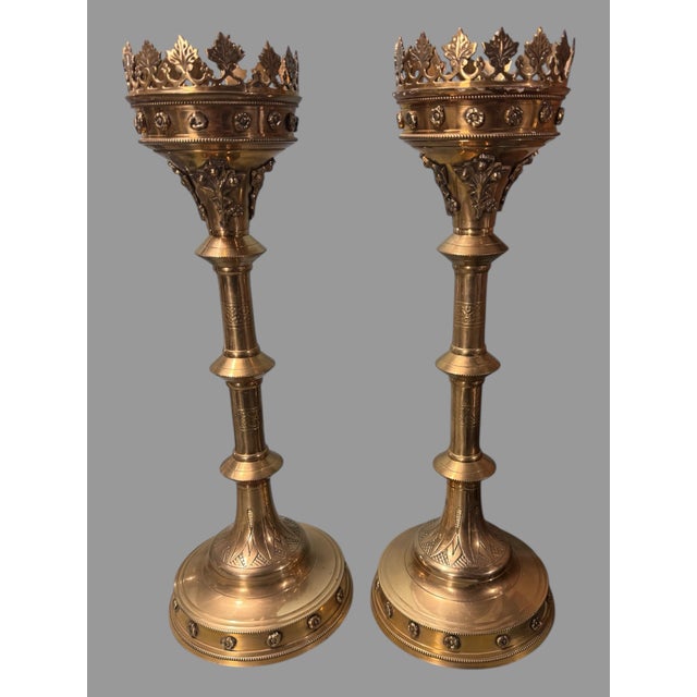 Pair of 19" Antique Gothic Church Altar Brass Gilt Finish Pricket Candlesticks In very nice original condition showing...